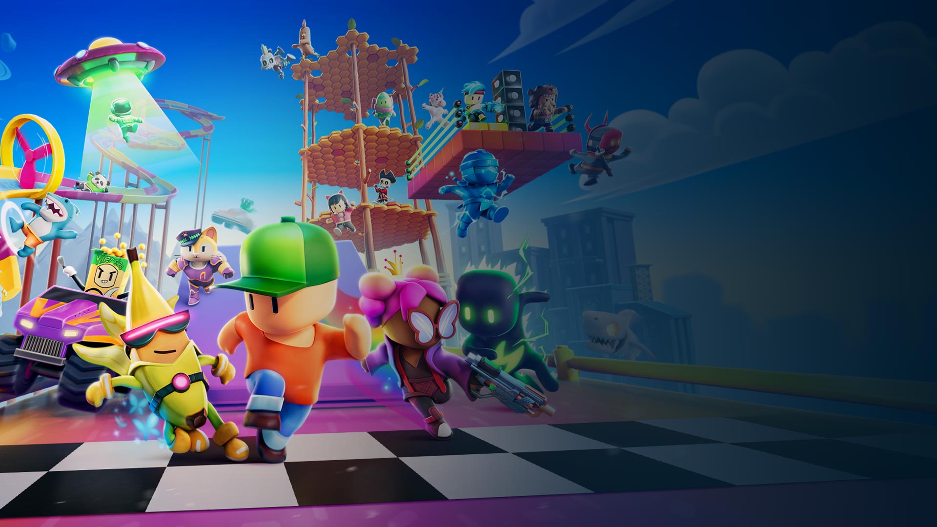 A variety of figures racing towards a finish line with various obstacles in their path, including a roller coast and a UFO.