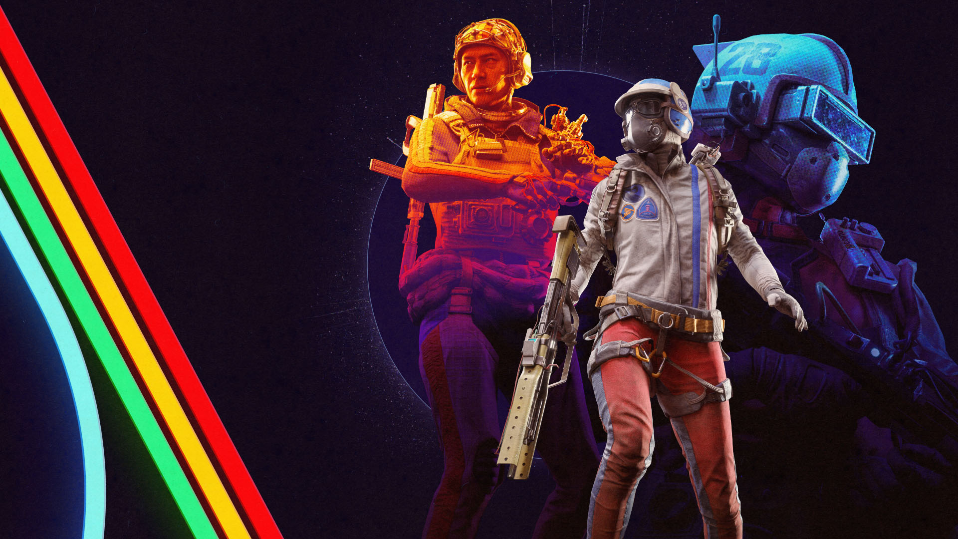 Three Raiders shaded in the game’s signature colors, standing against a stylized background with bold teal and orange tones 