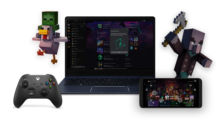Ein Windows PC und ein Mobilgerät zeigen den Einrichtungsbildschirm für Remote Play an. Auf beiden Seiten des Geräts stehen Minecraft-Figuren.