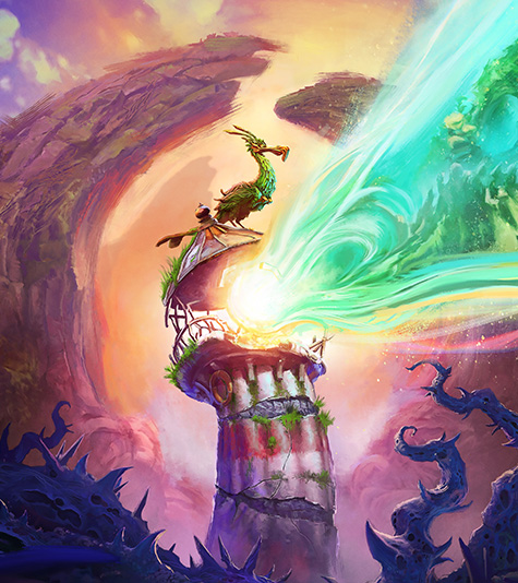A bird is perched atop a lighthouse, the light casts a ray with an image of mysterious lands 