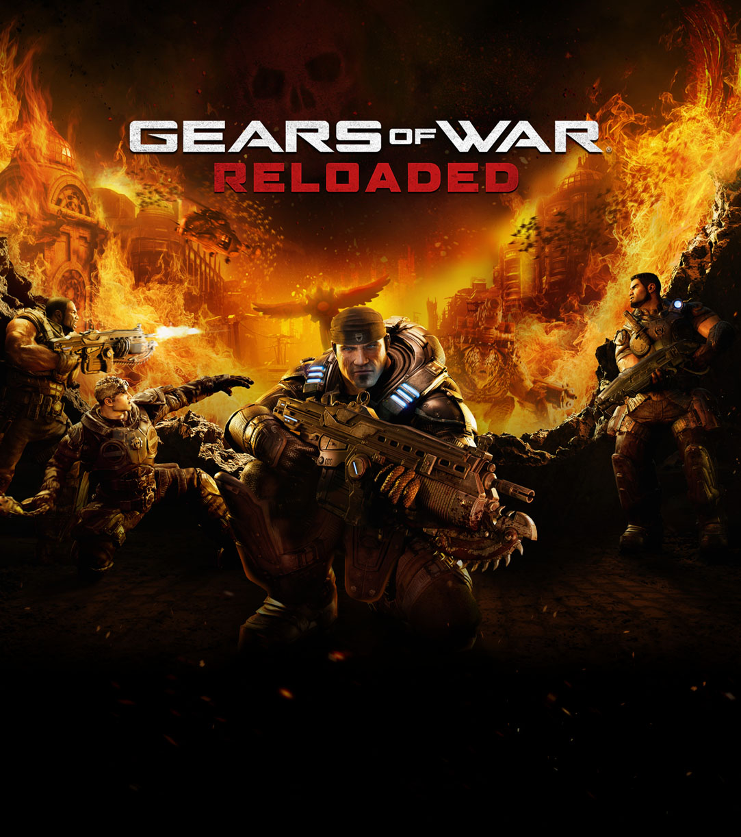 Gears of War Reloaded, A crouching Marcus looks forward. Behind him, Damon, Dominic, and Augustus fend off the Locust in a burning city.