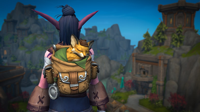 A character with a small fox wearing a hat in their backpack.