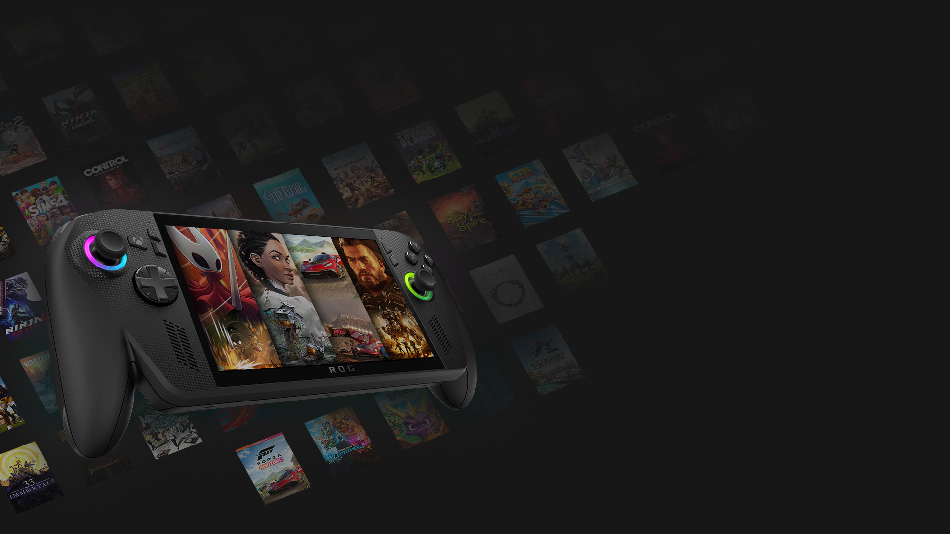 ภาพแสดงเกม Hollow Knight Silk Song, South of Midnight, Forza Horizon 5 และ Gears Tactic บน ROG Xbox Ally Xs