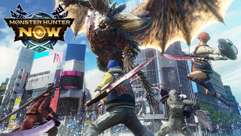 Monster Hunter Now, four characters attack a towering monster above them