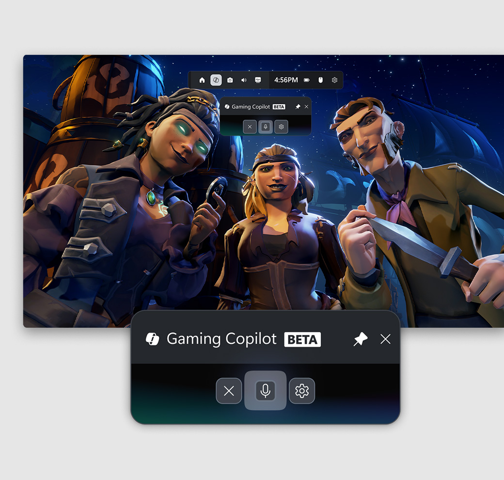 Un écran d’ordinateur présentant une illustration tirée de Sea of Thieves représentant un groupe de pirates et le Gaming Copilot (Bêta). Superposition de la Game Bar. 