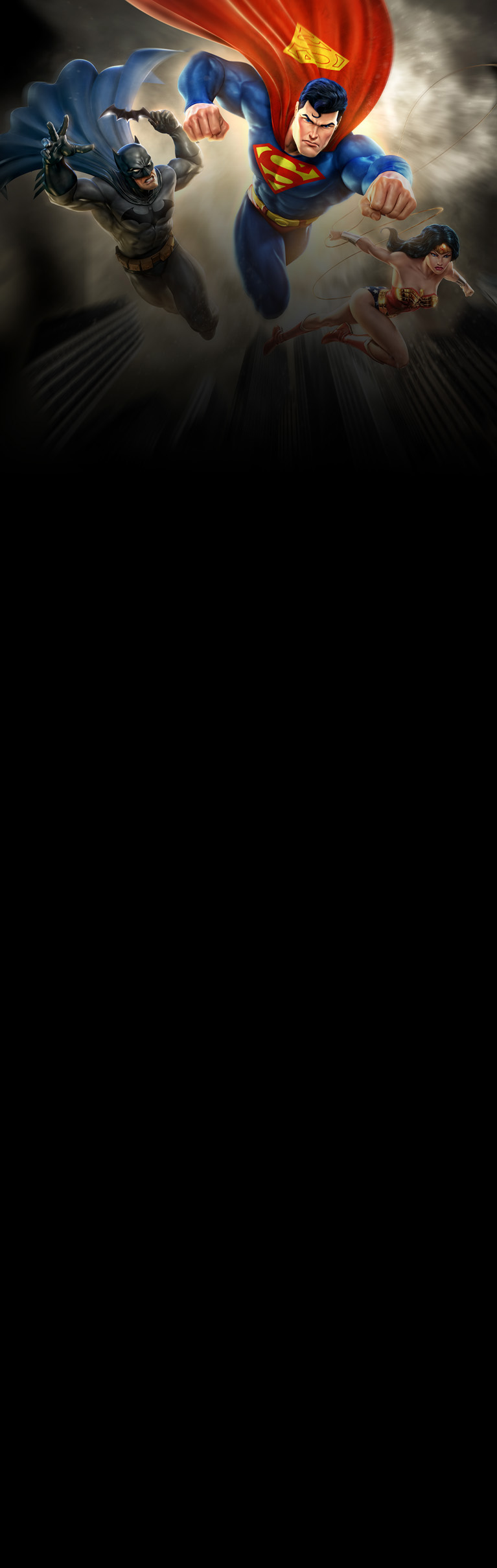 Batman, Superman and Wonder Woman leaping into action.