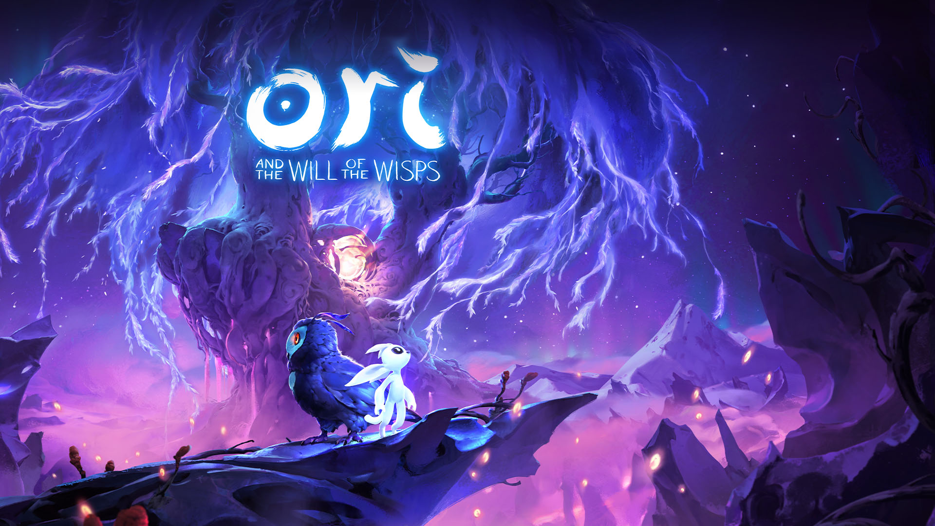 Ori and the Will of the Wisps, Ori se tient à côté d’un hibou devant un arbre violet aux allures fantastiques