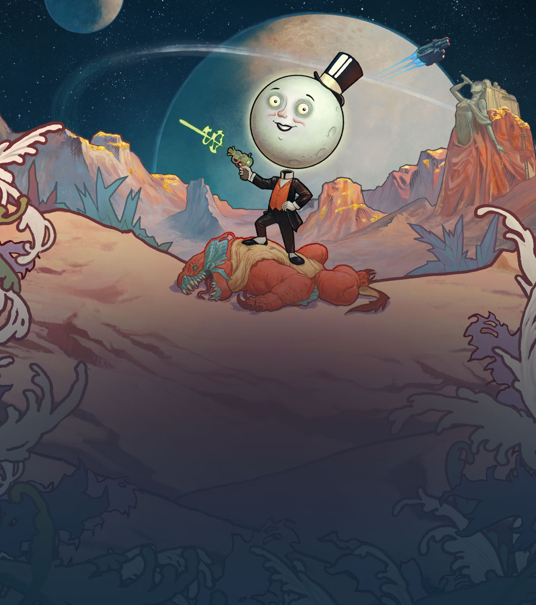 The Moon man standing on a monster while shooting a laser with large planets orbiting in the background. 