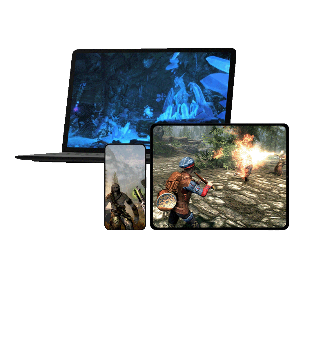 front view of three different monitor screens displaying scenes from The Elder Scrolls: Skyrim V