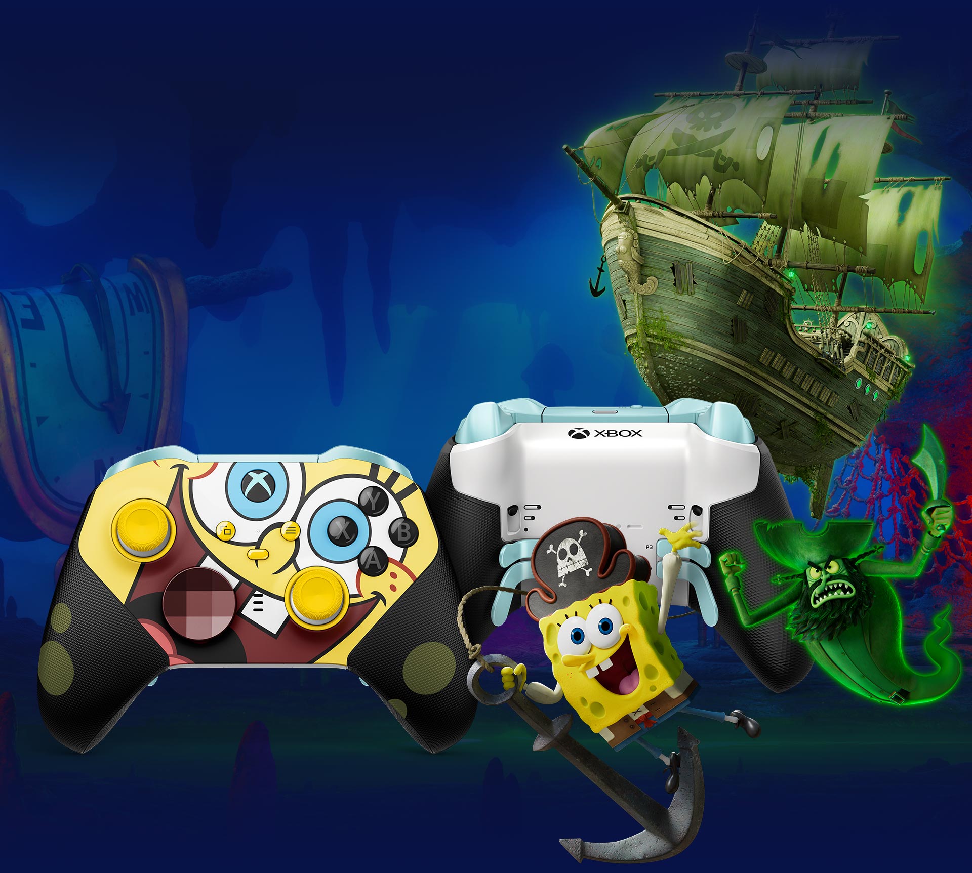 SpongeBob SquarePants and The Flying Dutchman in an underwater background, with the customizable Xbox Elite Wireless Controller Series 2 – The SpongeBob Movie Limited Edition controller front and back in the foreground.