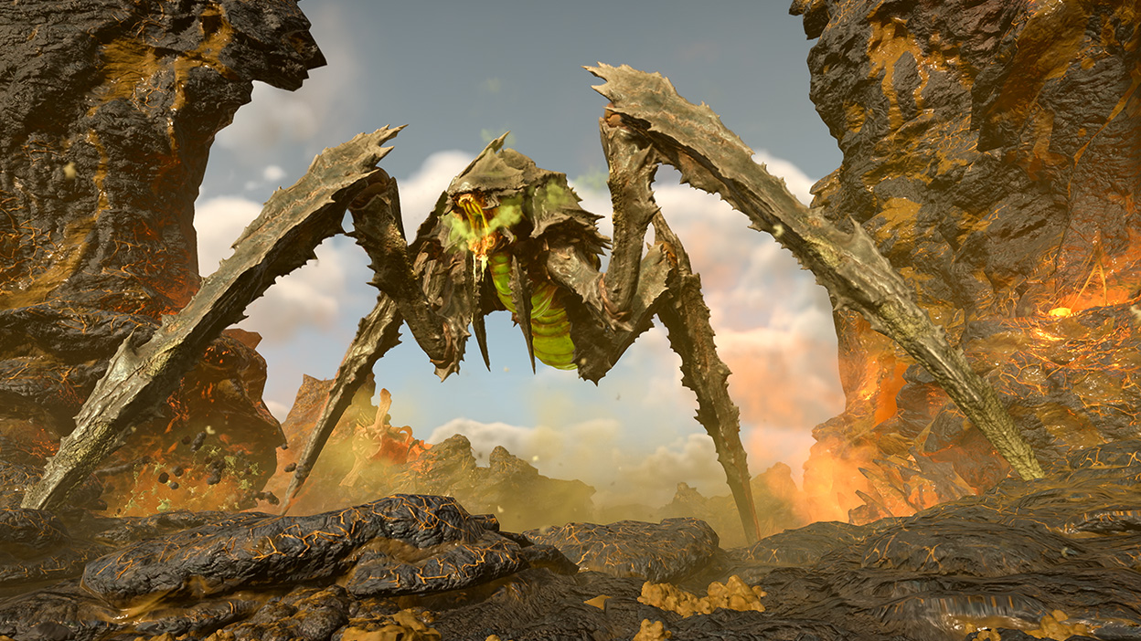 A tall four-legged monster with rough spiking skin standing on lava rocks.