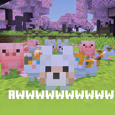 Adorable animals in Minecraft with text overlayed that says “Awwwww”.