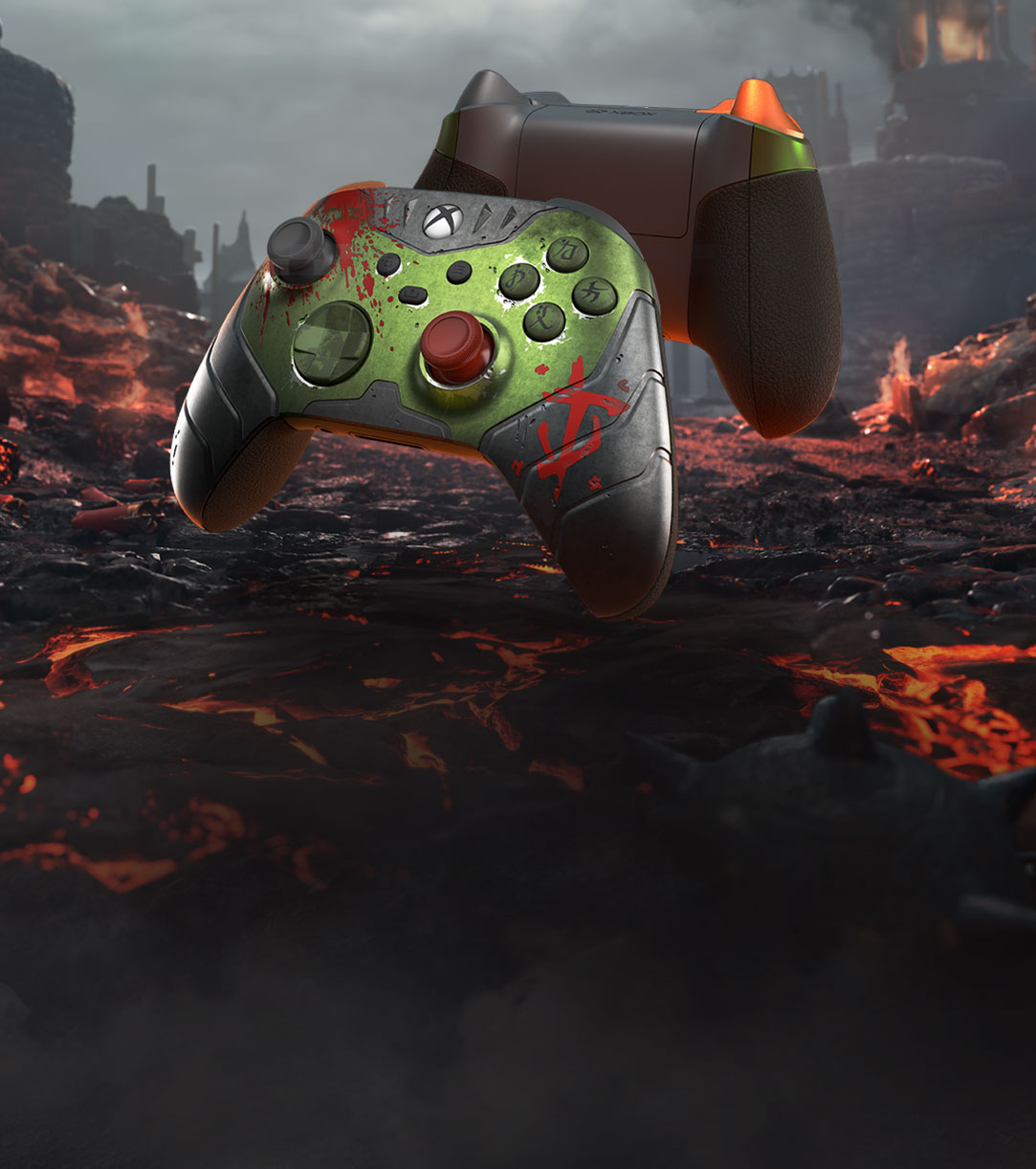 《DOOM: The Dark Ages》, Xbox 無線控制器 - 《DOOM: The Dark Ages》限量版控制器在地獄熔岩戰場上的正面和背面圖
