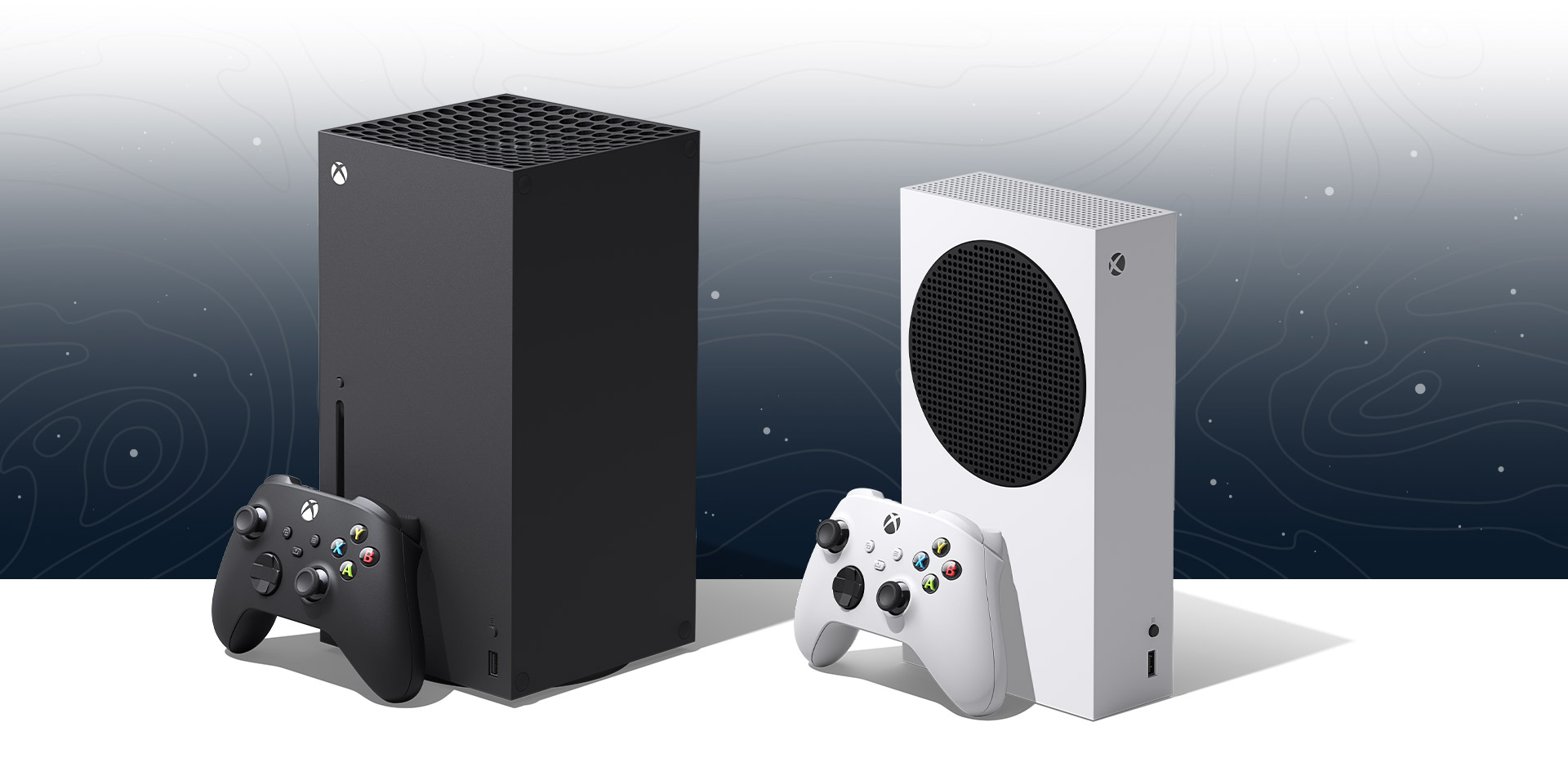 Xbox Series X et Xbox Series S avec des manettes assorties