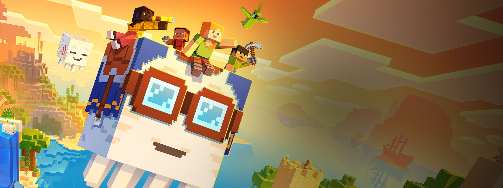 Alex flies on the back of a happy ghast with a group of friends.