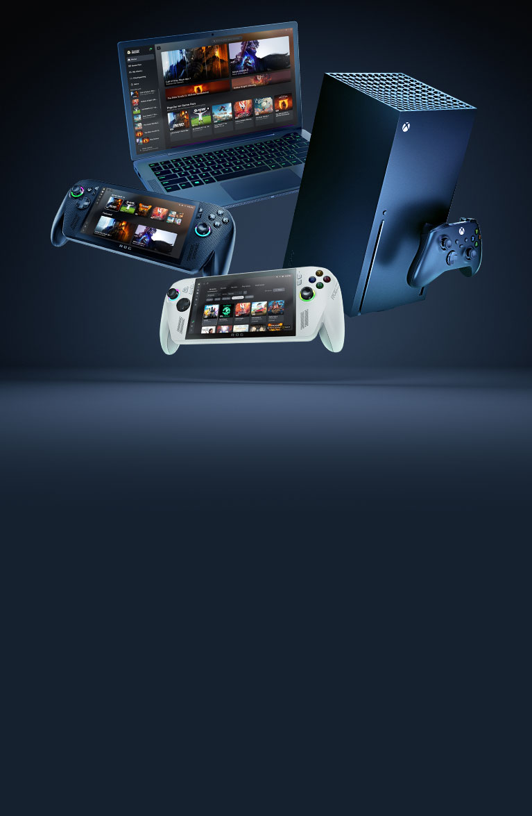 ROG Ally X, ROG Ally, Xbox Series X ve bir oyun dizüstü bilgisayarı içeren bir cihaz koleksiyonu.