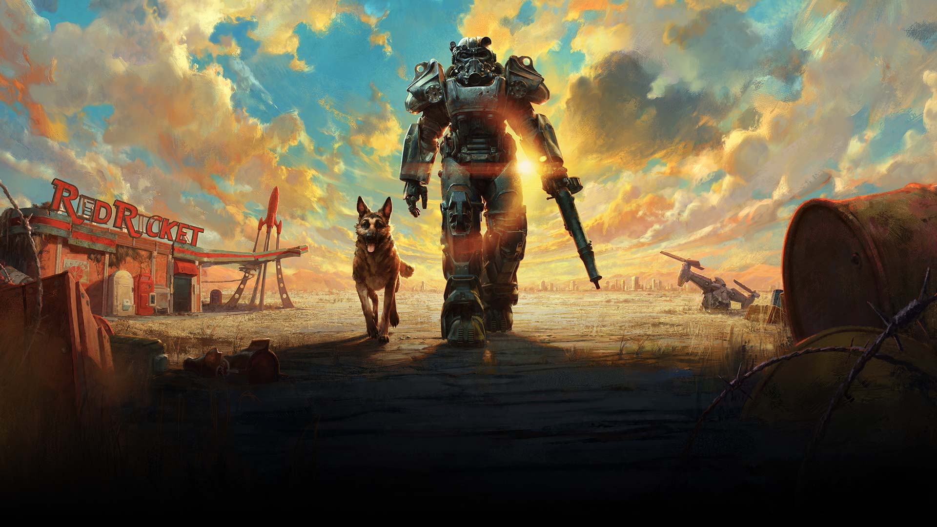 A lone survivor in bulky Power Armor stands in a sunlit wasteland with a Red Rocket station in the distance, accompanied by an alert German Shepherd