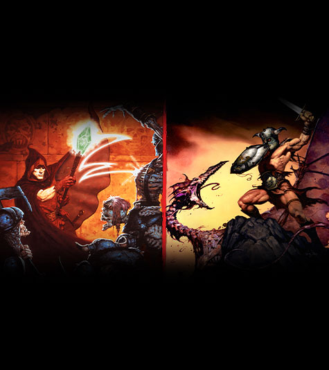 Two paintings side by side. One of a wizard with a staff fighting skeletons, and the other of a warrior with a sword fighting a dragon.