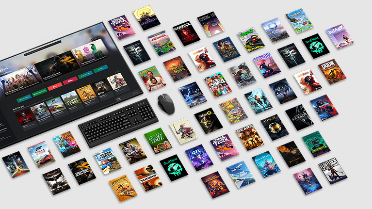 Game art from multiple games available with PC Game Pass Ultimate surrounding a computer monitor, keyboard and mouse.