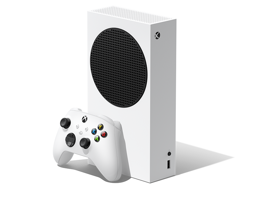 右側から見た Xbox Series S – 512GB (ロボット ホワイト) と Xbox ワイヤレス コントローラー (ロボット ホワイト)