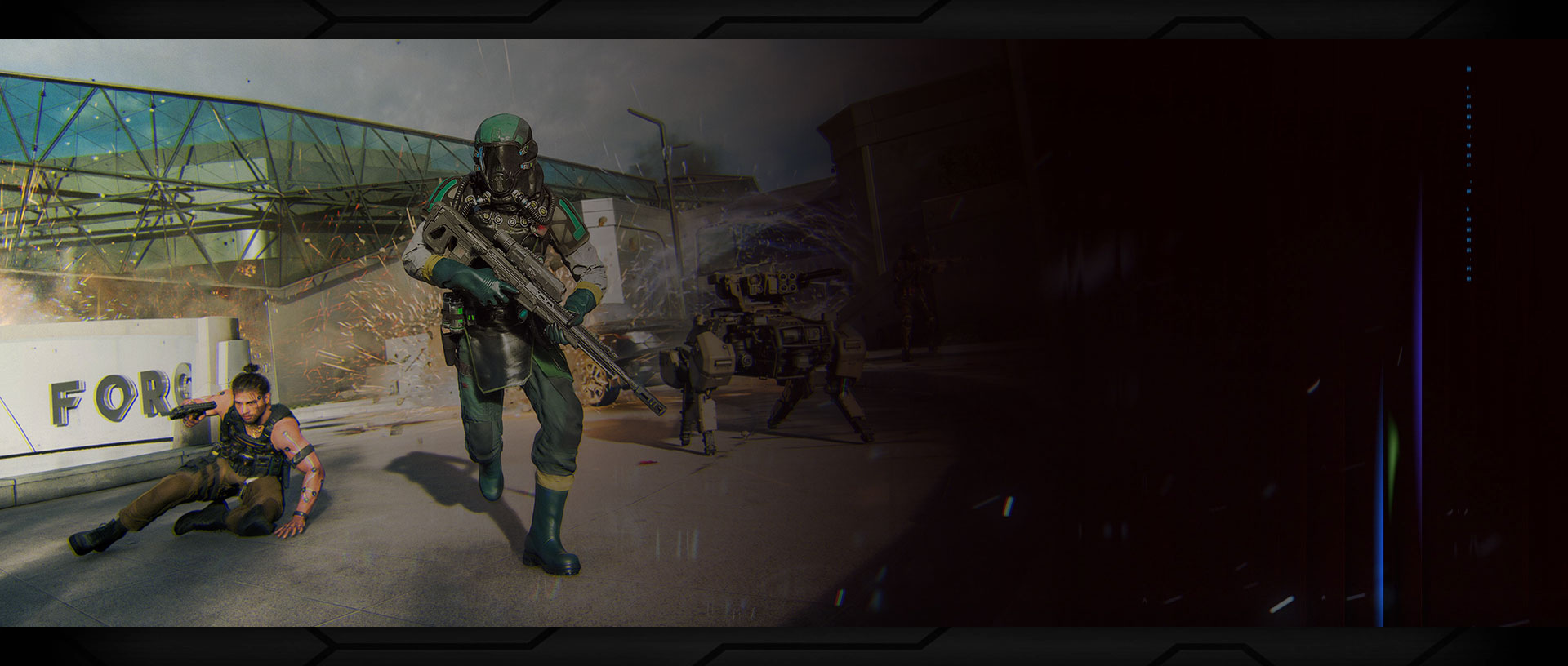 Cuatro figuras en acción, entre ellas un hombre con un moño alto agachado y disparando, una figura con un traje verde de protección contra materiales peligrosos que empuña un arma grande, un robot de cuatro patas y una figura disparando por la espalda. 