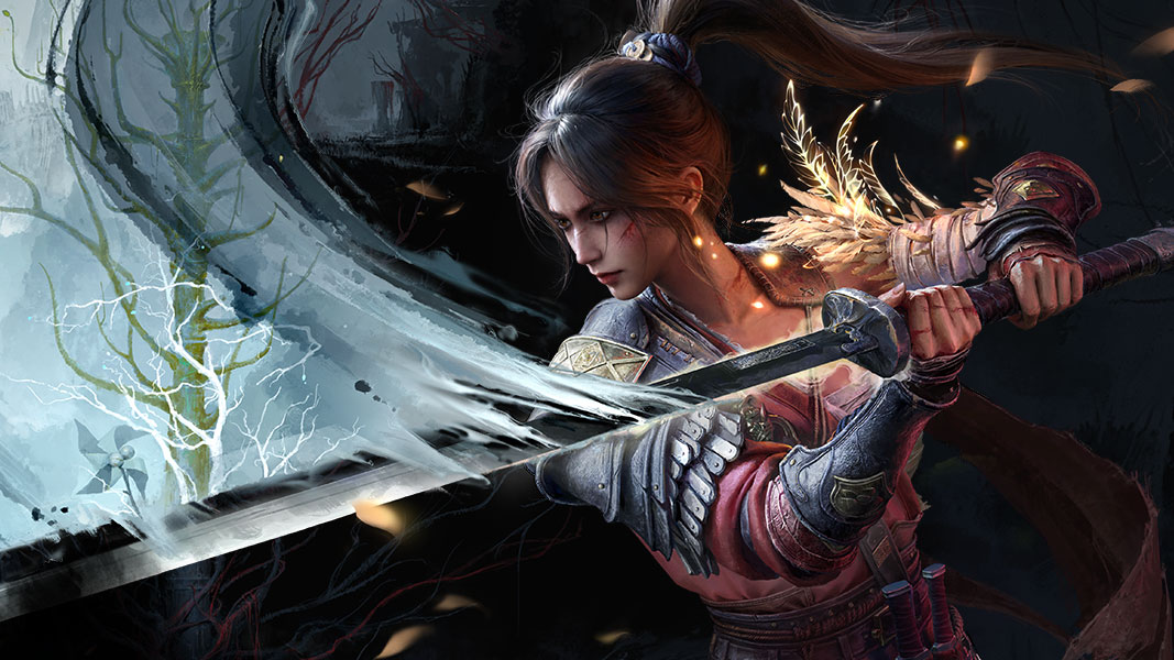 WUCHANG: Fallen Feathers, a woman warrior slashing a sword through the air. 