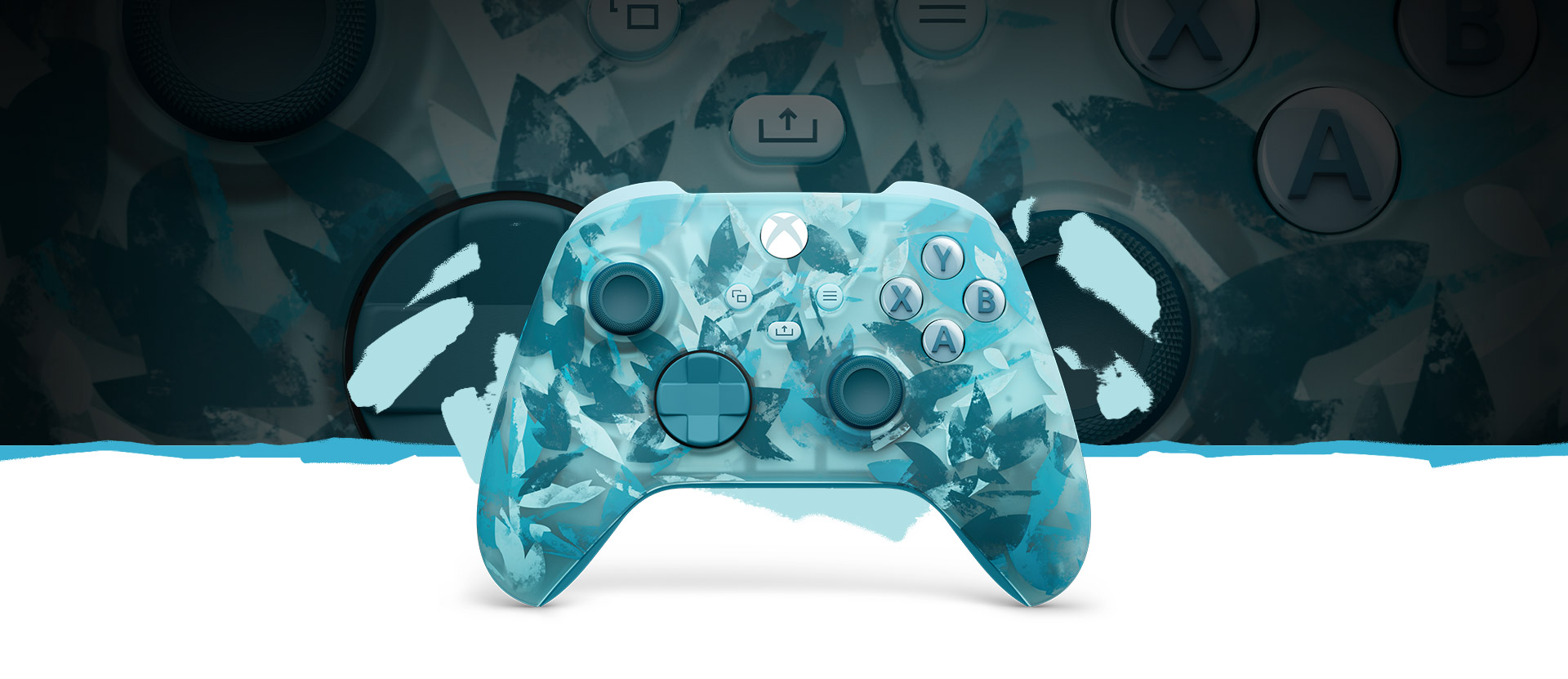 The front of the Xbox Wireless Controller – Ice Breaker Special Edition with a close-up of the controller in the background.