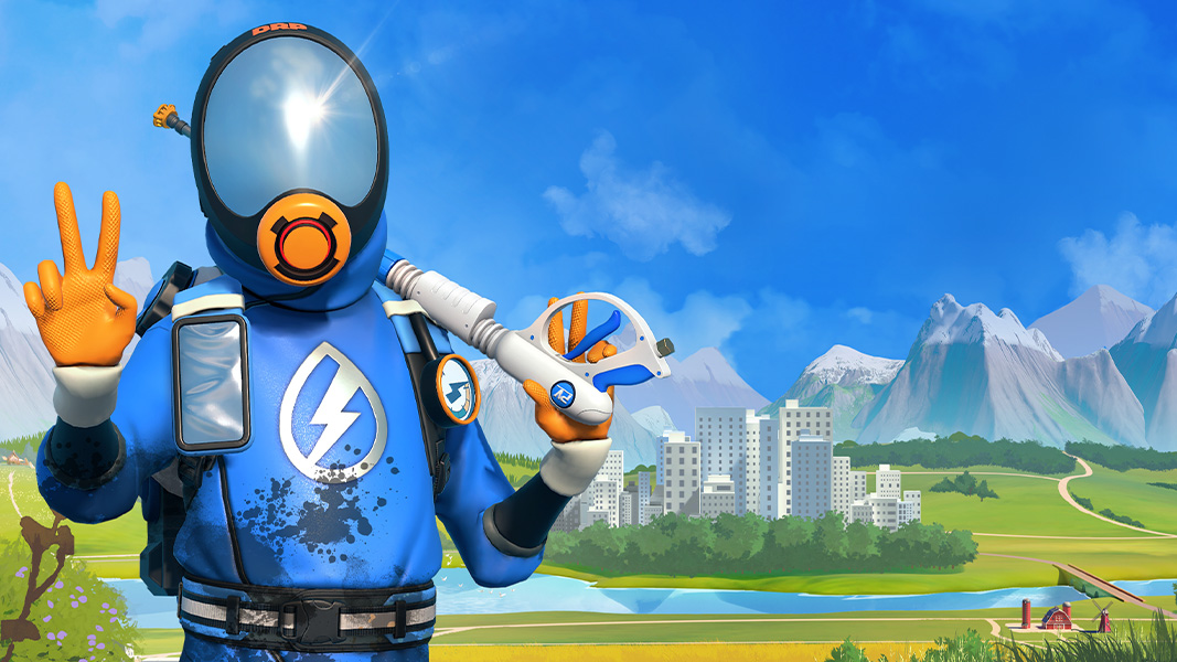 A person with orange gloves, full mask respirator, blue wet suit, and power washing gun holds up a peace sign with a cityscape and mountain in the background
