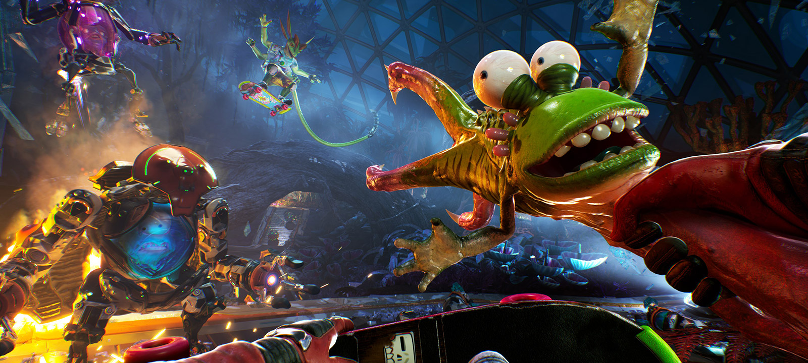 Gus wedelt aufgeregt mit den Armen, während sich im Hintergrund Feinde nähern.