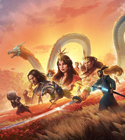 A collage of characters and a Japanese dragon over a wheat field. 