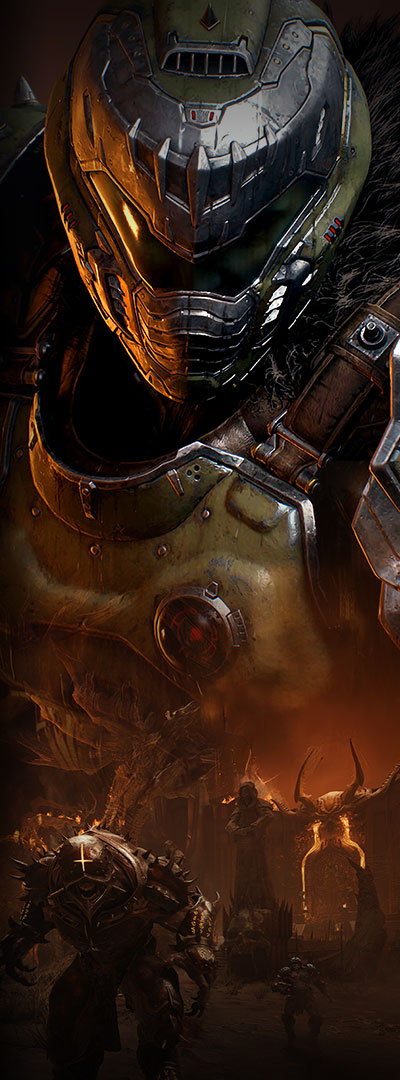 DOOM: The Dark Ages game panel featuring an armored warrior in green wielding a bladed shield.