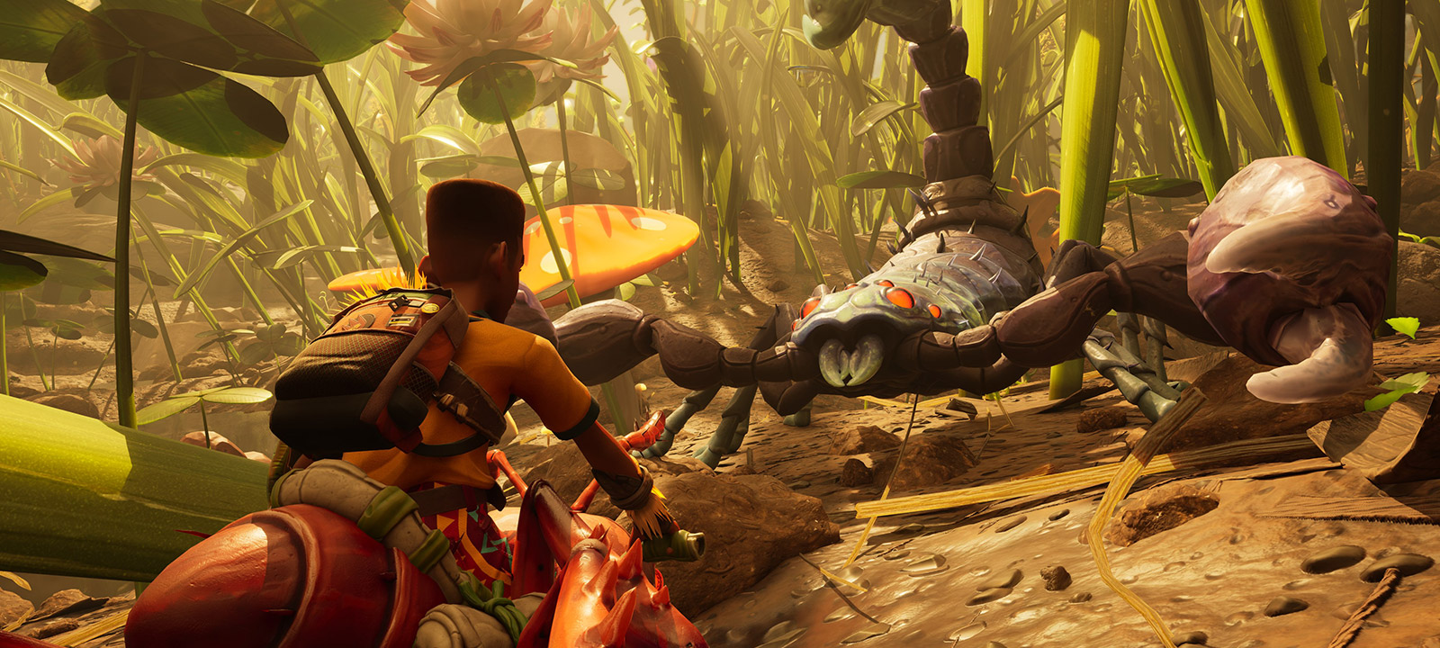 Ein Charakter reitet auf einem Käfer auf einen Riesenskorpion mit roten Augen zu. 