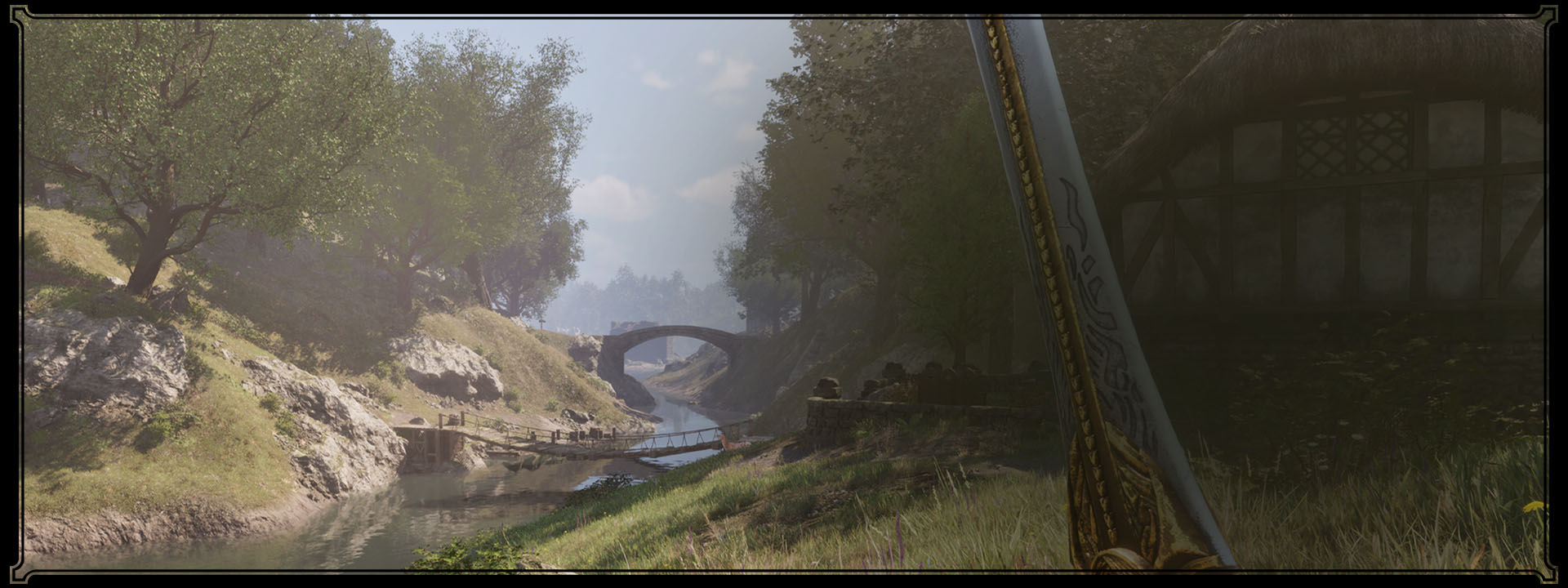 一人称視点で、剣を手にした戦士が牧歌的な田園風景を探索しています。