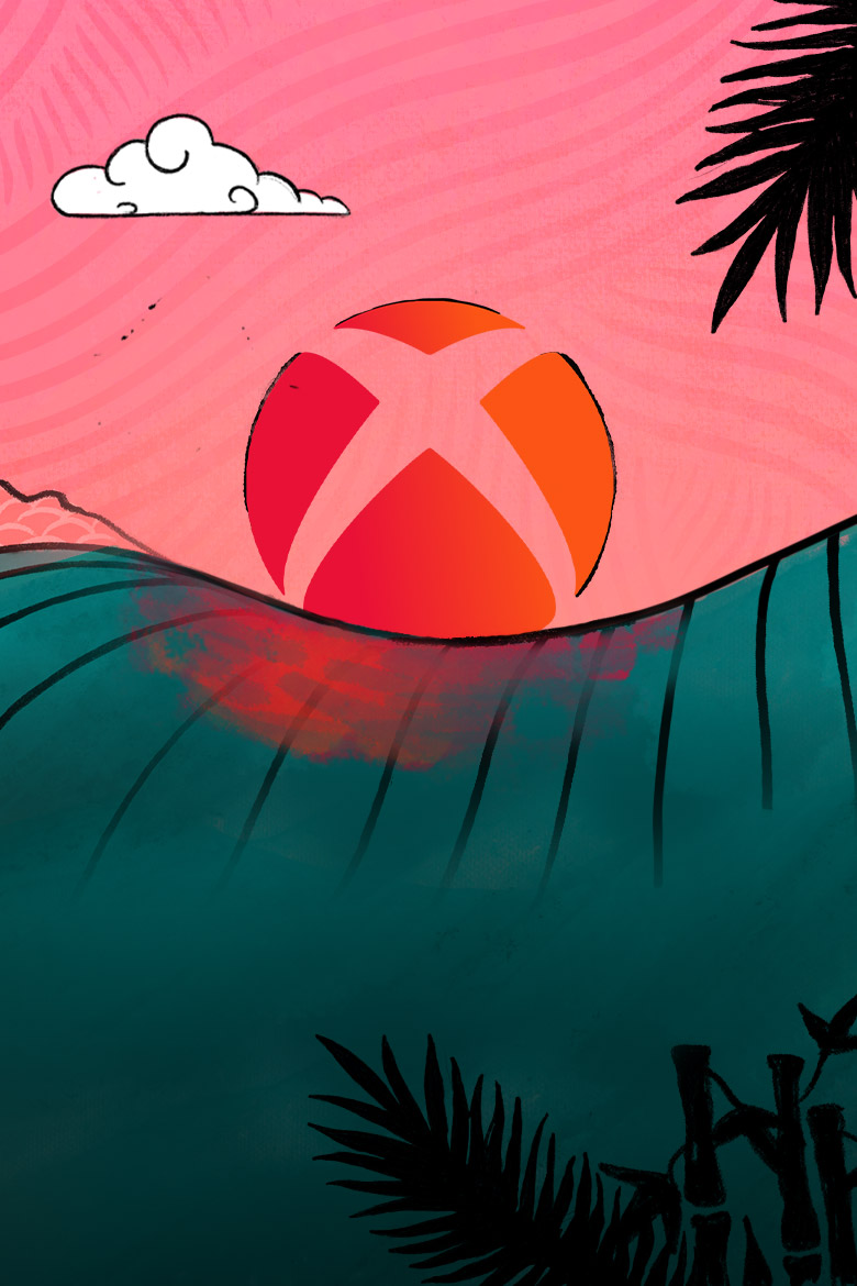 The Xbox logo lowering over a body of water like a sunset.