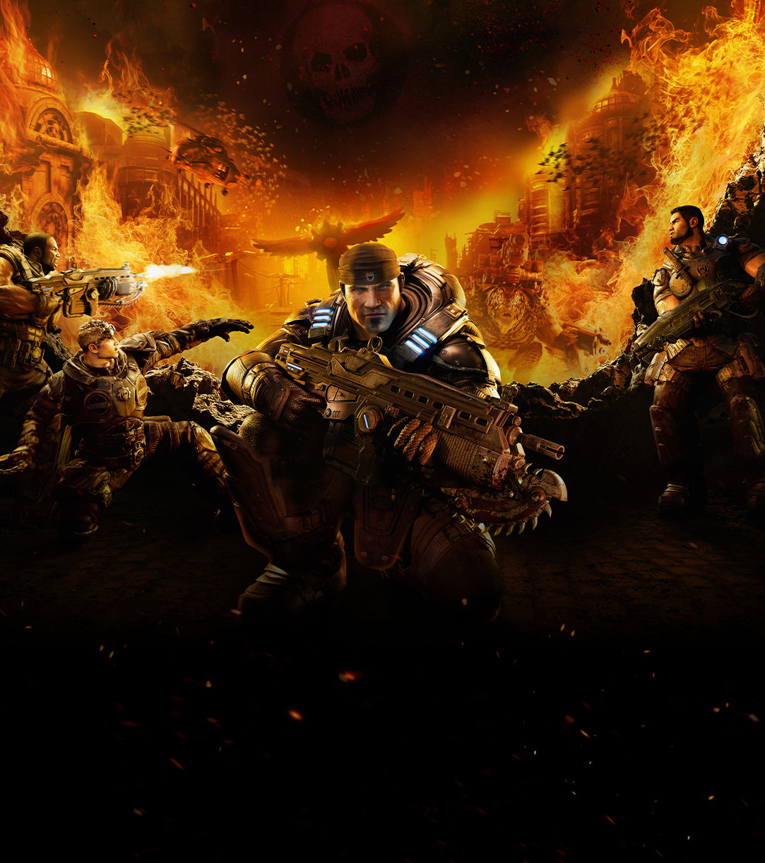 A crouching Marcus looks forward. Behind him, Damon, Dominic, and Augustus fend off the Locust in a burning city.