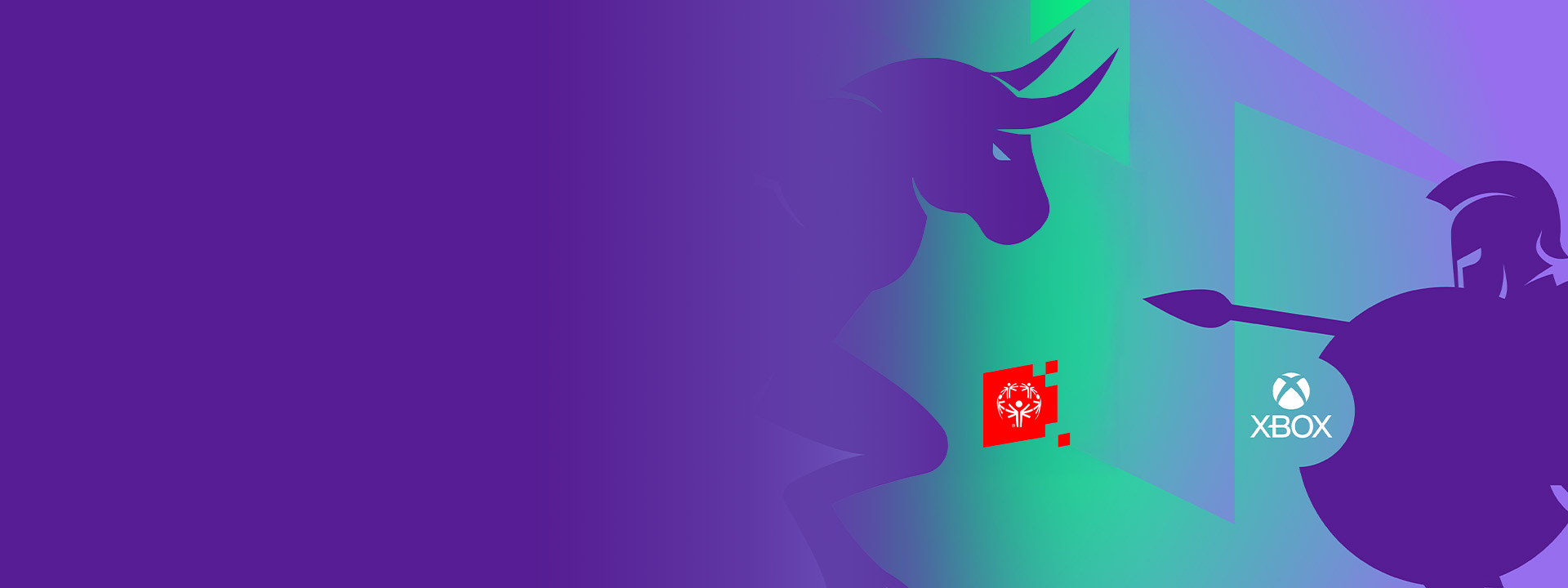 Xbox logo, special Olympics logo, a gladiator and a minotaur charging toward each other.