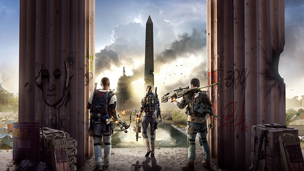 Three soldiers standing in front of a ruined Washington Monument with a smoking capital building in the background