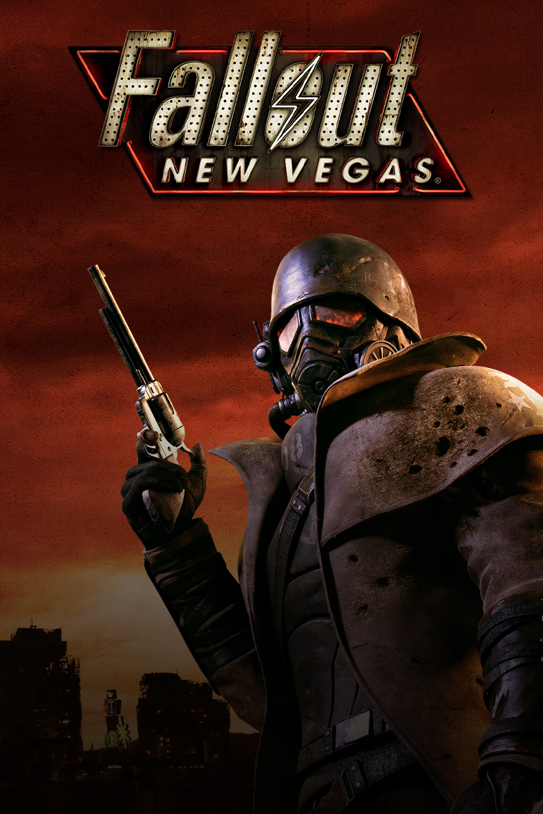 Fallout: New Vegas logo. An armor-clad survivor stands tall in front of the Mojave wasteland with a revolver at the ready.