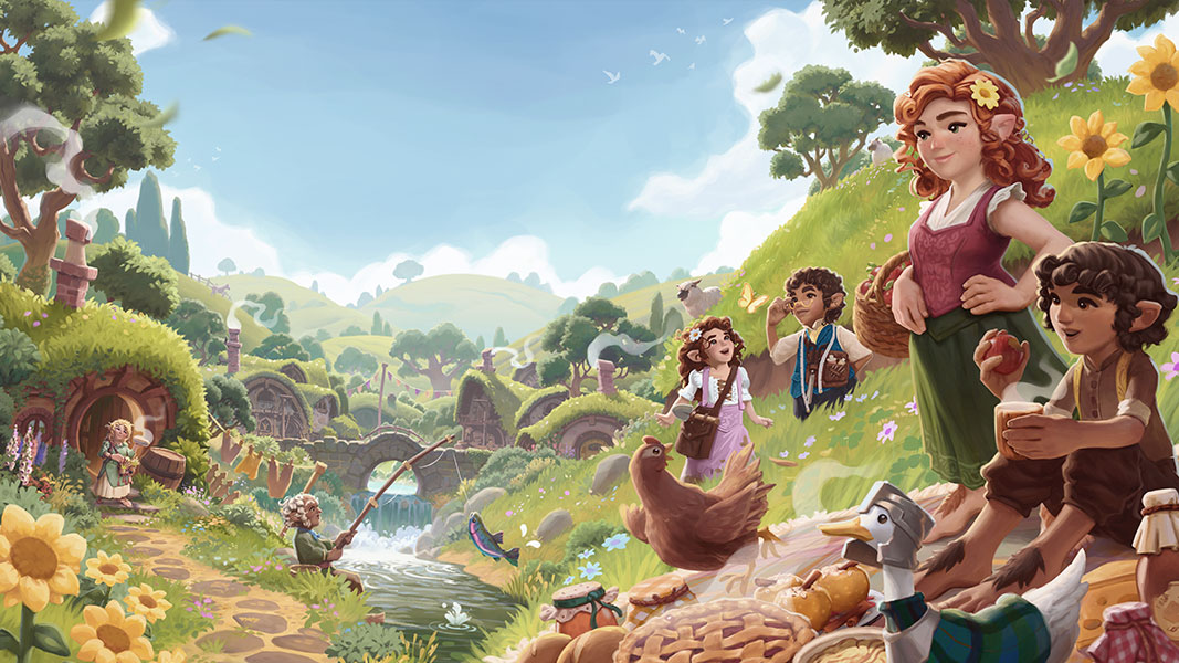 A valley in the Shire filled with Hobbit holes, a creek, and Hobbits in the field. 