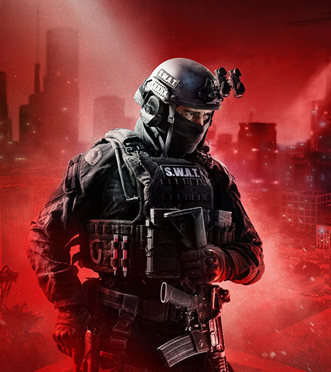 A well equipped SWAT officer with a red scale city in the background. 