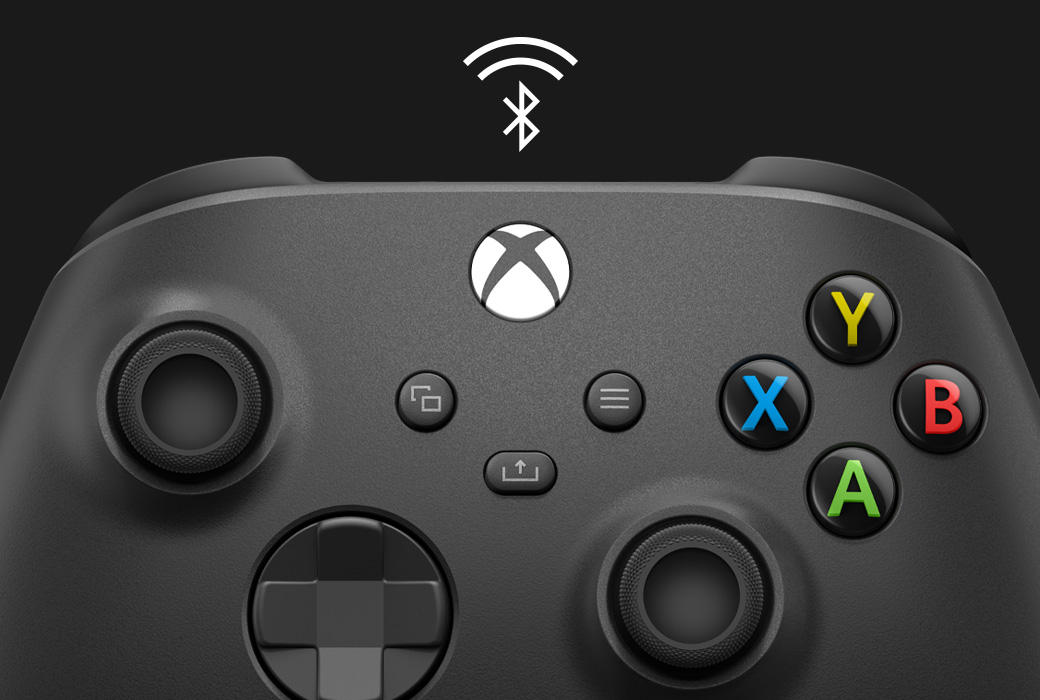 Front view of Xbox Wireless Controller with bluetooth logo above it