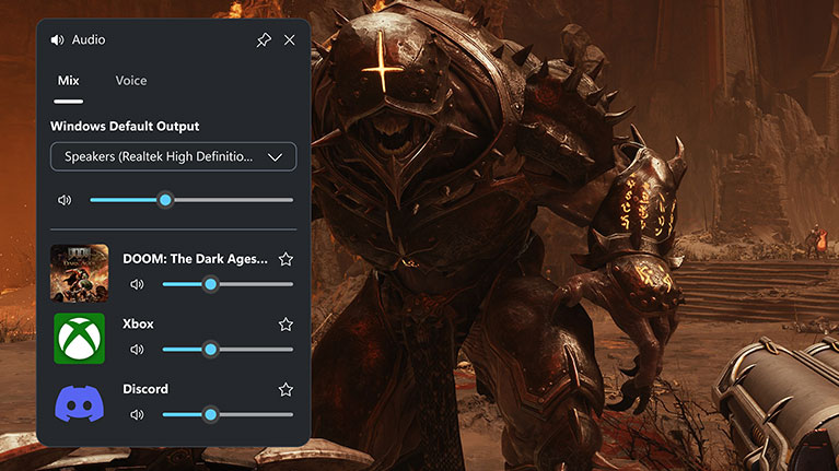 A screenshot of audio setting windows open over DOOM: The Dark Ages gameplay.