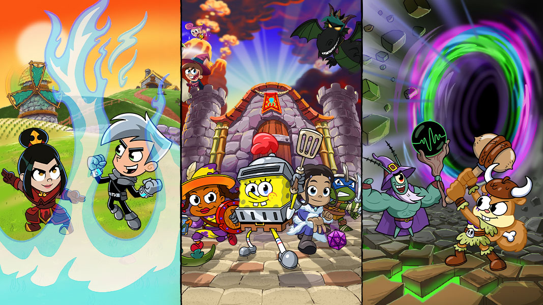 A collage of different cartoon characters from Avatar the Last Airbender, Sponge Bob, and Danny Phantom, adventuring in different worlds