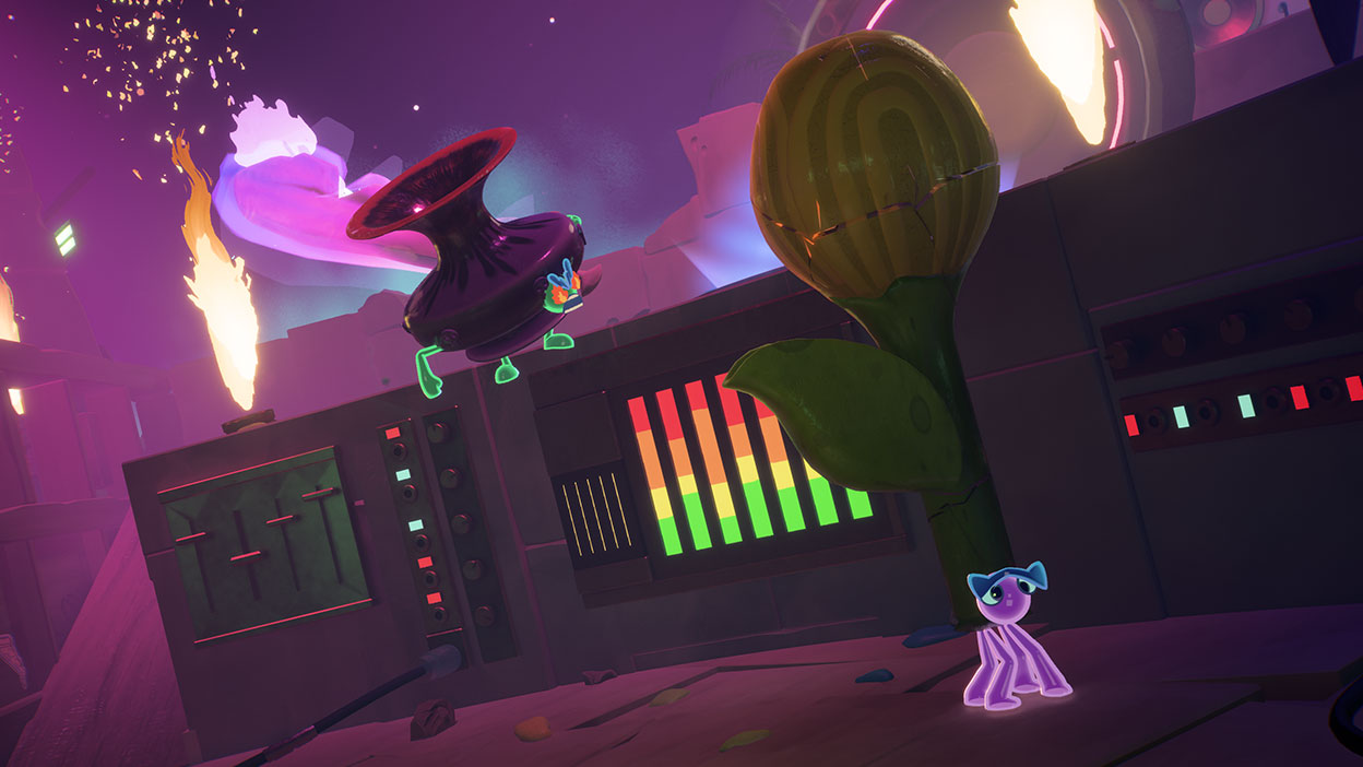 A dark vase with fire in its eyes pursues a large clay flower.