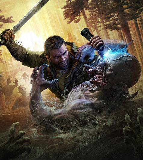 A survivor attacking a zombie like creature with a machete in the forest