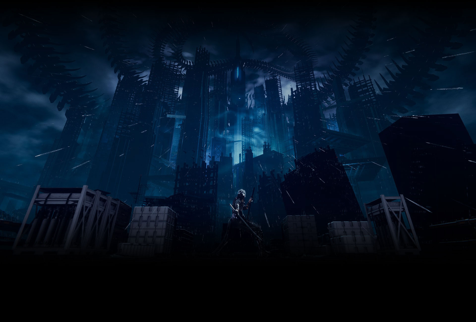 A crumbling underground city with neon signs and a giant robot head.
