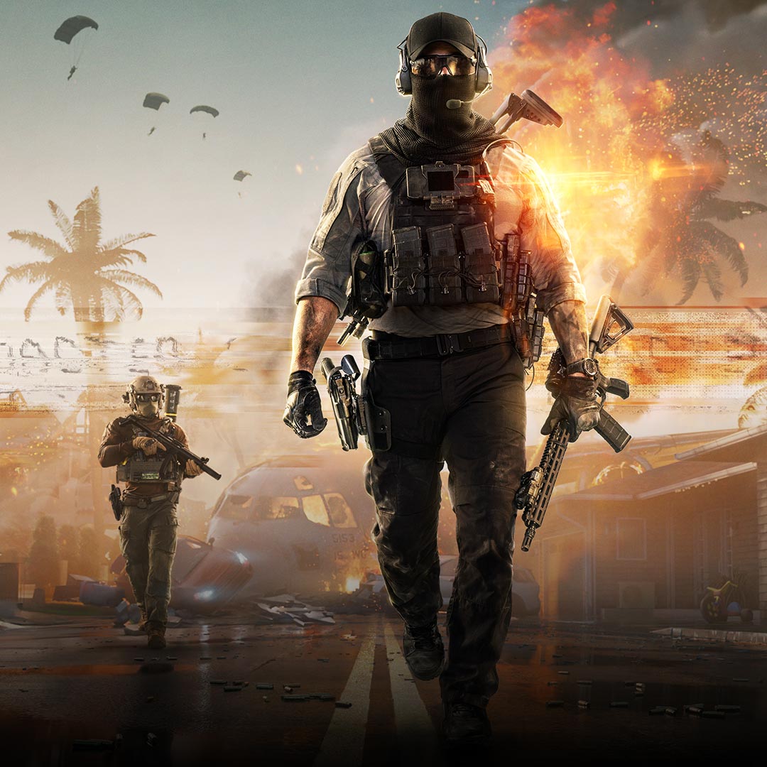 A group of heavily armed soldiers walking down a war-torn street with a large explosion in the background