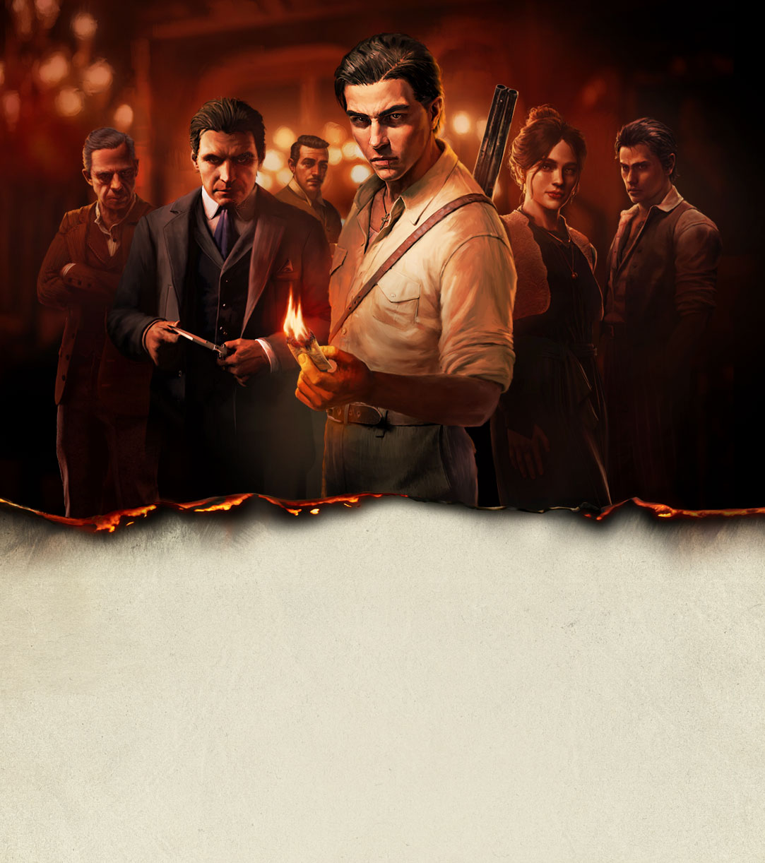 A 1900's Sicilian gang is gathered behind a young man who is burning a photograph.