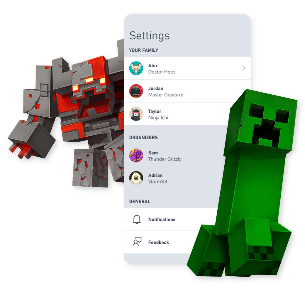 Personaggi di Minecraft accanto a un display dall'app Family Settings