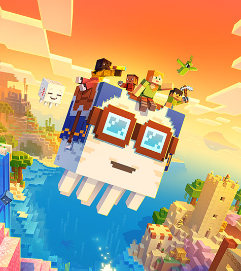 Alex flies on the back of a happy ghast with a group of friends.